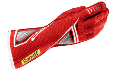 Red Sabelt TG-11 Geckotech racing glove with white accents and Sabelt branding on a white background